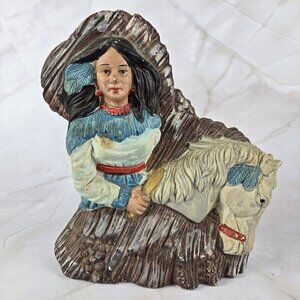 Native American Woman on a Horse Painted Ceramic Free Standing Collectible